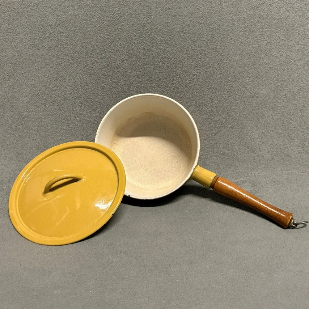 Descoware Saucepan Lid Yellow Good Vintage Wood Handle Enamel Cast Iron Belgium